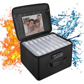 ENGPOW Fireproof Photo Storage Box 5" x 7" Photo Case(Clear),16 Inner Photo Keeper Photo Box Organizer with Lock,Collapsible Portable Photo Storage Container with Handle for Photos,Picture,Valuables