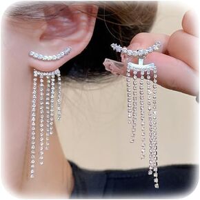 Silver Tassel Prom Earrings Long Sparkly Rhinestone Tassel Dangle Drop Earrings for Women Girls Wedding Jewelry Gifts (Silver)