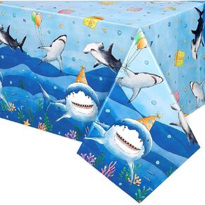 WERNNSAI Blue Shark Party Table Cover -2 PC 54" x 108" Ocean Theme Table Cloth Under The Sea Party Supplies Disposable Plastic Rectangle Tablecloth for Kids Shark Birthday Party Decor