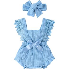 Kunyeah Baby Girls Lace Romper Newborn Ruffle Sleeveless Bodysuit with Headband Infant Summer Clothes