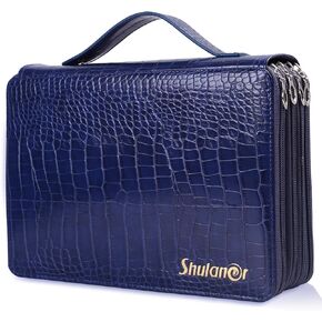 Shulaner 250 Slots Colored Pencil Case Organizer with Zipper PU Leather Large Capacity Pen Holder Bag for Artist Croco Black