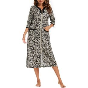 YARISNEY Robe Women's Zipper Robe 3/4 Sleeve Housecoat Calf Length Casual Nightgown Loose Bathrobe with Pockets