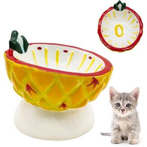 Hamiledyi Ceramic Raised Cat Bowls,15° Tilted Elevated Kitten Food Water Bowl Shallow Whisker Fatigue Kitty Dish Fruit Pet Feeding Bowls Feeder for Indoor Cats Small Dog (Pink, Strawberry)
