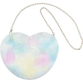 Cute Heart Shape Faux Fur Crossbody Bag for Women Girls Fluffy Tie Dye Plush Shoulder Handbag Clutch with Chain Strap
