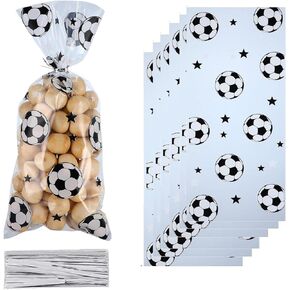 LLK 50PCS Soccer Cellophane Bags Baby Shower Candy Bags Gift Bags Treat Bags Sports Soccer Goodie Bags with 50PCS Twist Ties for Birthday Soccer Boys Themed Party Supplies