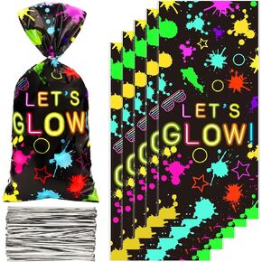 100 Pcs Let's Glow Party Favor Bag Neon Themed Goodie Bag Neon Glow Party Gift Treat Bag Glow in the Dark Birthday Party Cellophane Bags with 150 Pieces Twist Ties for Glow Theme Party Birthday Decor