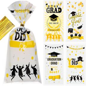 LENSARKU Graduation Cellophane Treat Bags, Congrats Grad Cellophane Bag with Ties, Party Favor Bags Graduates Candy Present Gift Bags, Plastic Goody Bags for Gift Packing Decor, 50 Pack (black)