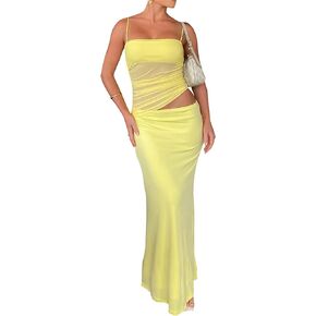 Two Piece Skirt Set for Women - Summer Vacation Outfits Sleeveless Asymmetrical Mesh Tank Crop Top Maxi Long Skirts