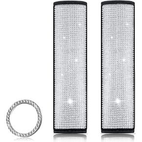 2 Packs Bling Seat Belt Cover for Women, Rhinestone Crystal Glitter Seat Belt Leather Shoulder Pads Car Decor Accessories with Start Button Ring Sticker
