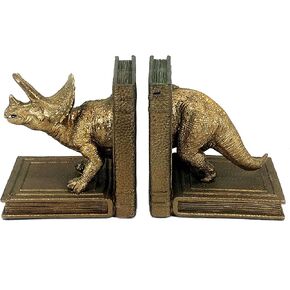 Bellaa 24223 Decorative Bookends Dinosaur Dragon Animal Art Statues Bookends Sculptures Figurine Heavy Nonskid Stoppers Bookshelf Holder Shelves Rack Dividers Library Office Home Decor Gold Vintage