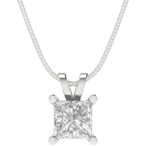 0.50 ct Princess Cut Solitaire Genuine VVS1 Clear Simulated Diamond Solid 18k White Gold Pendant Necklace with 18" Chain
