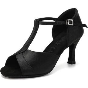 YKXLM Latin Ballroom Dance Shoes Women 3 inch Heel Salsa Tango Performance T-Strap Dancing Shoes