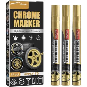 Felico Mirror Chrome Marker, 3Pcs Liquid Chrome Paint Pen, Permanent Art for Model Metal Plastic Glass Repair Car Tire DIY Craft, Reflective Gloss Metallic Gold