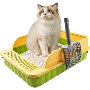 Open Top Cat Litter Box with High Side Anti-Splashing Cat Toilet with Litter Sifting Scoop Semi-Enclosed Kitten Litter Tray Pan Removable Prevent Sand Leakage Deodorizing Easy to Clean(Green)