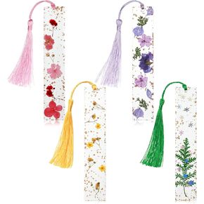 Clabby 4 Pieces Dried Flower Resin Bookmarks Handmade Transparent Floral Dried Flower Page Marker with Colorful Silky Tassel for Valentine's Day Gift Women Girls Adults Kids(Plain Style)
