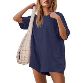 AELSON Rompers For Women Oversized Hot Shot Tee Romper Casual Backless V Neck Workout Jumpsuits with Pockets