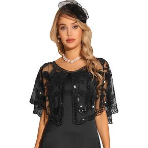 Allegra K Women's 1920s Shawl Wraps Sequin Beaded Bridal Cover Up Evening Cape Flapper Bolero