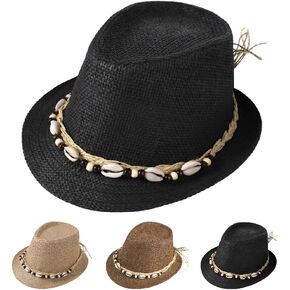 Straw Fedora Sun Hat UV Protection Short Brim Beach Hat Adjustable Trilby Hats for Men Women
