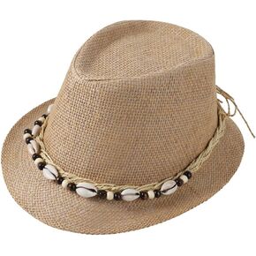 Straw Fedora Sun Hat UV Protection Short Brim Beach Hat Adjustable Trilby Hats for Men Women