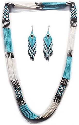 قلادة مطرزة بطبقات - قلادة شرابة من خرز البذور المصنوعة يدويًا من بوهو، قلادة بوهيمية كبيرة مطرزة للنساء والفتيات (فيروزي) in Kuwait