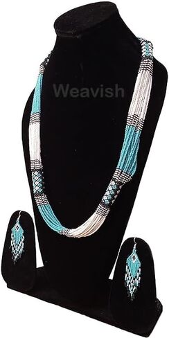 قلادة مطرزة بطبقات - قلادة شرابة من خرز البذور المصنوعة يدويًا من بوهو، قلادة بوهيمية كبيرة مطرزة للنساء والفتيات (فيروزي) in Kuwait