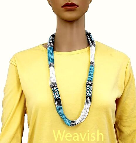 قلادة مطرزة بطبقات - قلادة شرابة من خرز البذور المصنوعة يدويًا من بوهو، قلادة بوهيمية كبيرة مطرزة للنساء والفتيات (فيروزي) in Kuwait