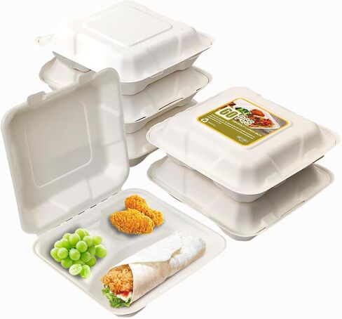8X8 30 Pack Clamshell Take Out Food Containers, 3 Compartment To Go Containers with Lids,Disposable Compostable To Go Boxes Heavy-Duty Eco-Friendly Biodegradable (8 * 8 in, 3-Compartment) in Saudi Arabia
