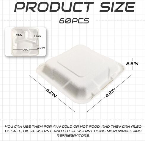 8X8 30 Pack Clamshell Take Out Food Containers, 3 Compartment To Go Containers with Lids,Disposable Compostable To Go Boxes Heavy-Duty Eco-Friendly Biodegradable (8 * 8 in, 3-Compartment) in Saudi Arabia