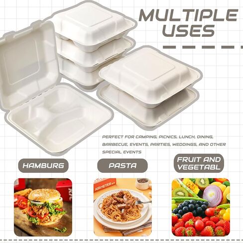 8X8 30 Pack Clamshell Take Out Food Containers, 3 Compartment To Go Containers with Lids,Disposable Compostable To Go Boxes Heavy-Duty Eco-Friendly Biodegradable (8 * 8 in, 3-Compartment) in Saudi Arabia