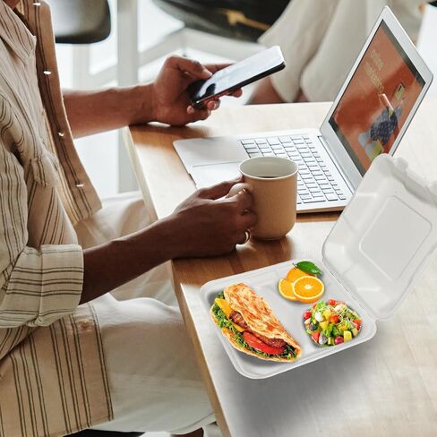 8X8 30 Pack Clamshell Take Out Food Containers, 3 Compartment To Go Containers with Lids,Disposable Compostable To Go Boxes Heavy-Duty Eco-Friendly Biodegradable (8 * 8 in, 3-Compartment) in Saudi Arabia