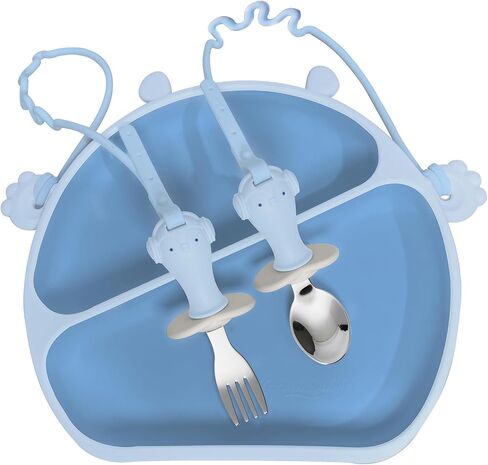 Upgraded Suction Plates for Baby, with Divided Stainless Steel Spoon and Fork Silicone Toy Straps EAZMOM All-in-one Plates Silicone Placemat for Babies Toddlers Self Feeding - Blue in Saudi Arabia