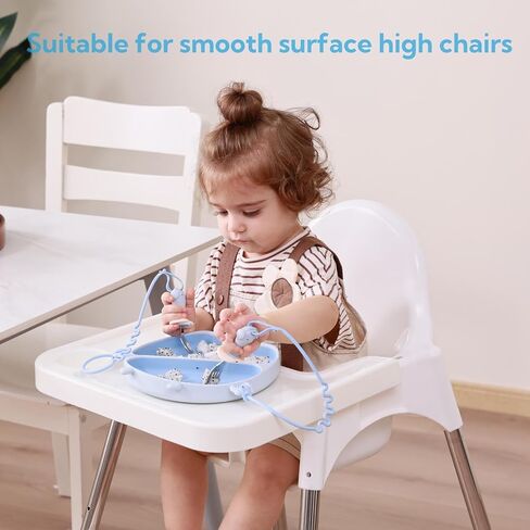 Upgraded Suction Plates for Baby, with Divided Stainless Steel Spoon and Fork Silicone Toy Straps EAZMOM All-in-one Plates Silicone Placemat for Babies Toddlers Self Feeding - Blue in Saudi Arabia