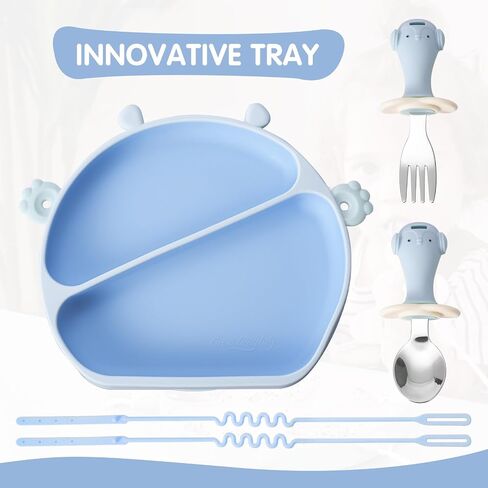 Upgraded Suction Plates for Baby, with Divided Stainless Steel Spoon and Fork Silicone Toy Straps EAZMOM All-in-one Plates Silicone Placemat for Babies Toddlers Self Feeding - Blue in Saudi Arabia