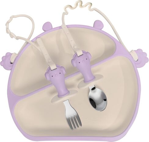 Upgraded Suction Plates for Baby, with Divided Stainless Steel Spoon and Fork Silicone Toy Straps EAZMOM All-in-one Plates Silicone Placemat for Babies Toddlers Self Feeding - Blue in Saudi Arabia