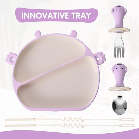 Upgraded Suction Plates for Baby, with Divided Stainless Steel Spoon and Fork Silicone Toy Straps EAZMOM All-in-one Plates Silicone Placemat for Babies Toddlers Self Feeding - Blue in Saudi Arabia