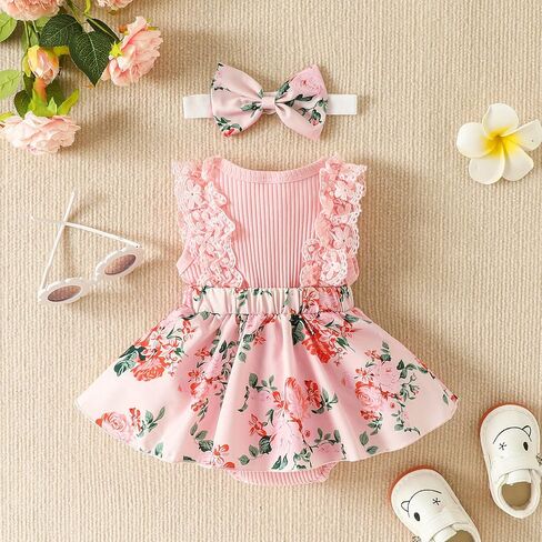 Karwuiio Newborn Baby Girl Clothes Floral Print Romper+Headband Ruffled Sleeveless Bodysuit Jumpsuits Infant Clothes in Saudi Arabia