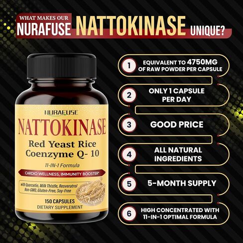 NATTOKINASE 11-in-1 Formula - 16,050mg with Red Yeast Rice Coenzyme Q-10 Quercetin, Milk Thistle, Resveratrol - Non-GMO, Gluten-Free, Soy-Free in Saudi Arabia