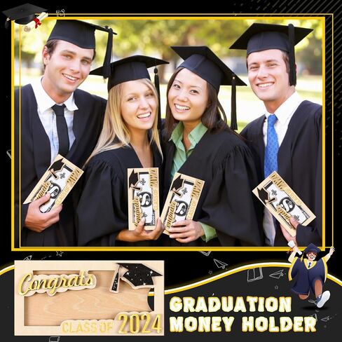 DoubleFill 6 Pcs Graduation Money Holder Gift Card Box Cash Holders Wooden Grad Cash Holder DIY Kids Graduation Party Cash Gift Holder Class of 2024 Money Wallet for College Graduation Gift (Gold) in Saudi Arabia
