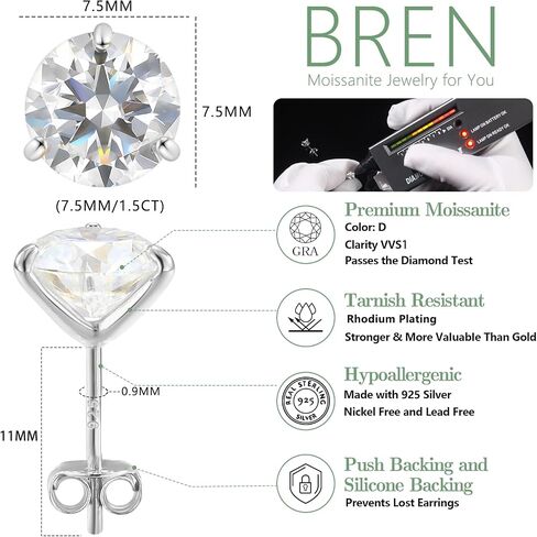 Moissanite Earrings - Moissanite Earrings for Women, Moissanite Earrings for Men, Diamond Stud Earrings for Women 925 Sterling Silver Hypoallergenic Earrings in Saudi Arabia