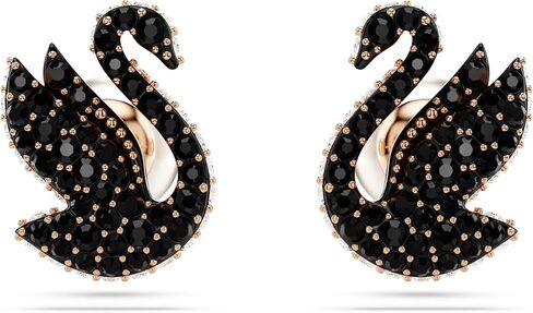 Swarovski Swan Stud Earrings, Swan Motif with Black Pavé Crystals and Pearl Closure in a Rose Gold-Tone Finished Setting, Part of the Swarovski Swan Collection in Kuwait
