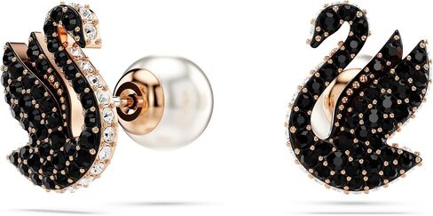 Swarovski Swan Stud Earrings, Swan Motif with Black Pavé Crystals and Pearl Closure in a Rose Gold-Tone Finished Setting, Part of the Swarovski Swan Collection in Kuwait