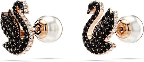 Swarovski Swan Stud Earrings, Swan Motif with Black Pavé Crystals and Pearl Closure in a Rose Gold-Tone Finished Setting, Part of the Swarovski Swan Collection in Kuwait