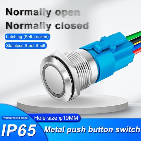 JOTTA 19mm Metal Push Button Switch Stainless Steel Shell Latching 12-24V Ring LED 1NO 1NC SPDT with Wire Socket Plug (Stainless Steel, Green) in Saudi Arabia