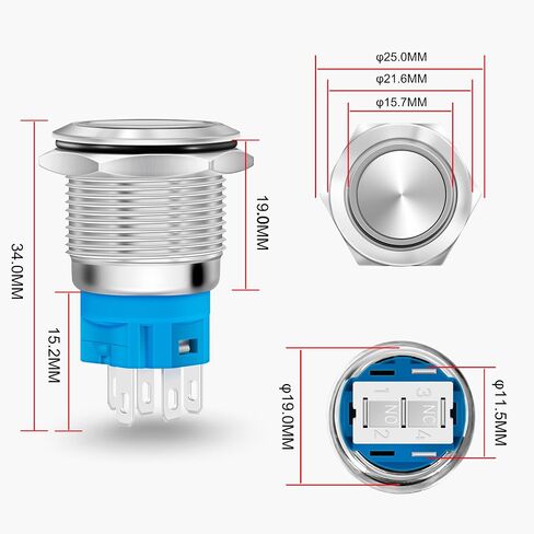 JOTTA 19mm Metal Push Button Switch Stainless Steel Shell Latching 12-24V Ring LED 1NO 1NC SPDT with Wire Socket Plug (Stainless Steel, Green) in Saudi Arabia