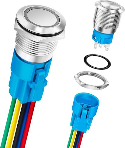 JOTTA 19mm Metal Push Button Switch Stainless Steel Shell Latching 12-24V Ring LED 1NO 1NC SPDT with Wire Socket Plug (Stainless Steel, Green) in Saudi Arabia