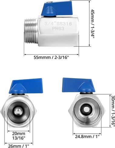 QWORK 2 Pack 3/4" NPT 316 Stainless Steel Inline Valve, Mini Ball Valve Shut-Off Valve, Female x Male NPT Thread Pipe Fitting in Saudi Arabia