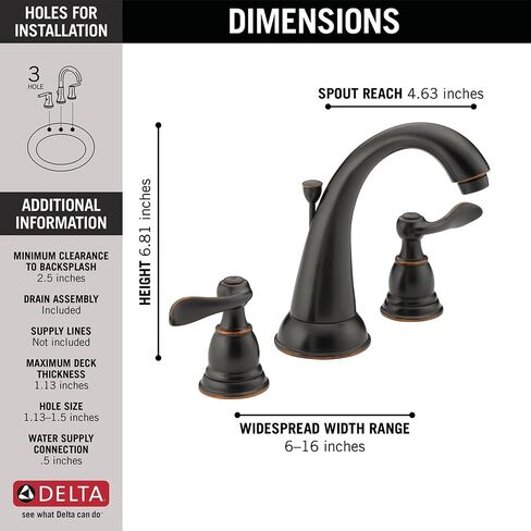 Delta Faucet Windemere Widespread Bathroom Faucet, Oil Rubbed Bronze Bathroom Sink Faucet, 3 Hole Bathroom Faucet, Metal Drain Assembly, Oil Rubbed Bronze B3596LF-OB in Kuwait