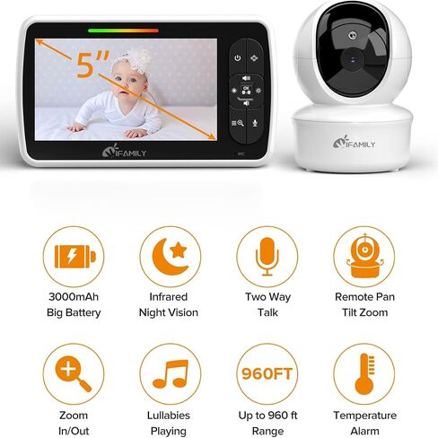 Baby Monitor - Large 5" Screen with 30Hrs Battery Life - Remote Pan-Tilt-Zoom;No WiFi, Two-Way Audio, Night Vision, Temperature, Lullabies, 960ft Long Range Baby Monitor with Camera and Audio in Saudi Arabia