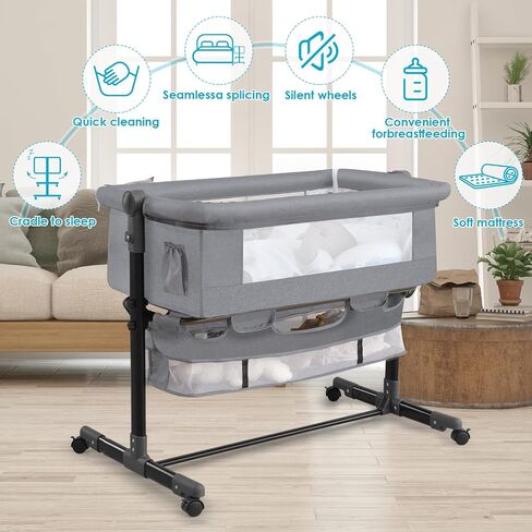 YADAQE Baby Bassinet, Baby Basinet Bedside Sleeper, Easy to Fold Portable Crib Side Bassinet 2023new Style Girl/boy bassinets(Light Grey) in Saudi Arabia