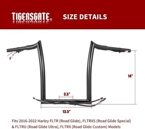 قضبان TIGERSGATE سوداء مسبقة السلك مقاس 14 بوصة Rise Road Glide Meathook Monkey Bars مقاس 1 1/4 بوصة مقود شماعات Ape مصممة لموديلات Harley Road Glide لعام 2016 in Kuwait